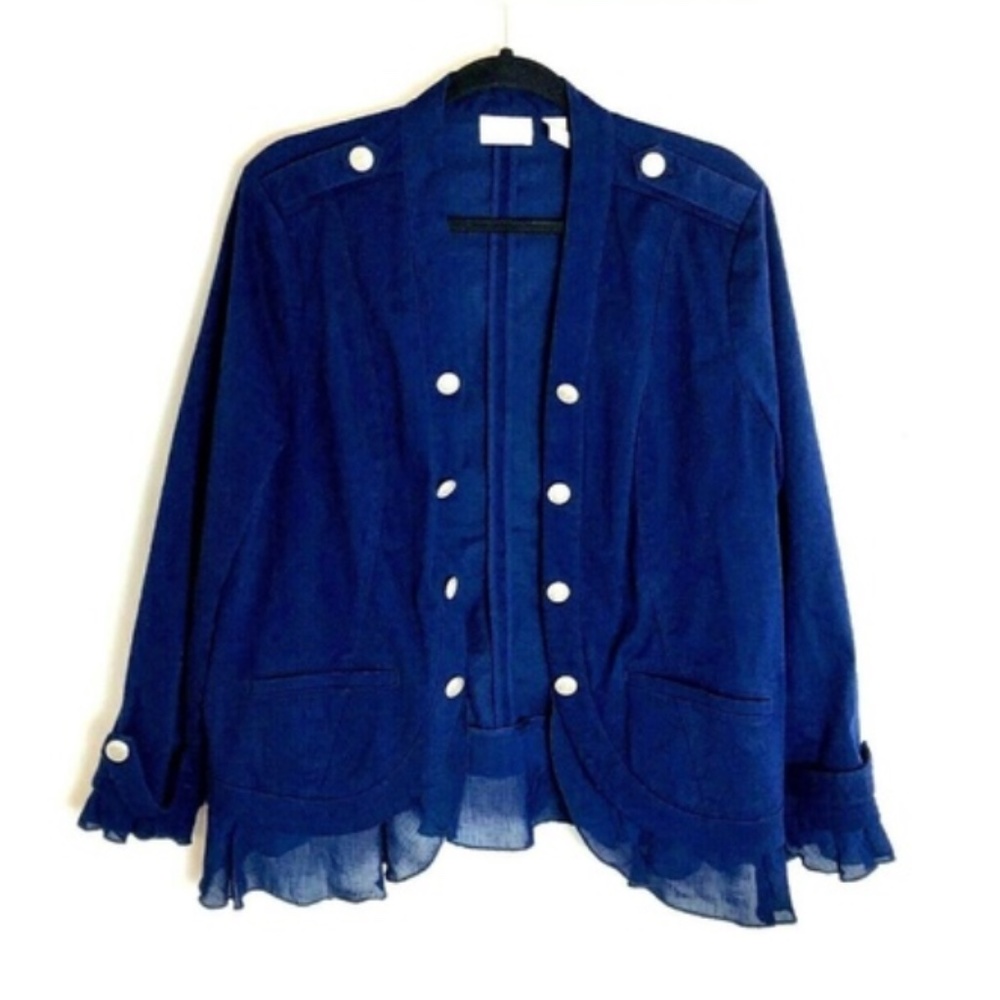 Chico's Romantic Chiffon Ruffle Hem Military Jacket Blue Stretch Sz 0 NWT
